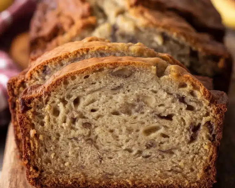 Moist banana bread with yogurt and chocolate chunks, perfect for breakfast or dessert.