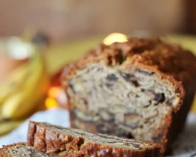 Delicious banana bread with walnuts, freshly baked and golden brown.