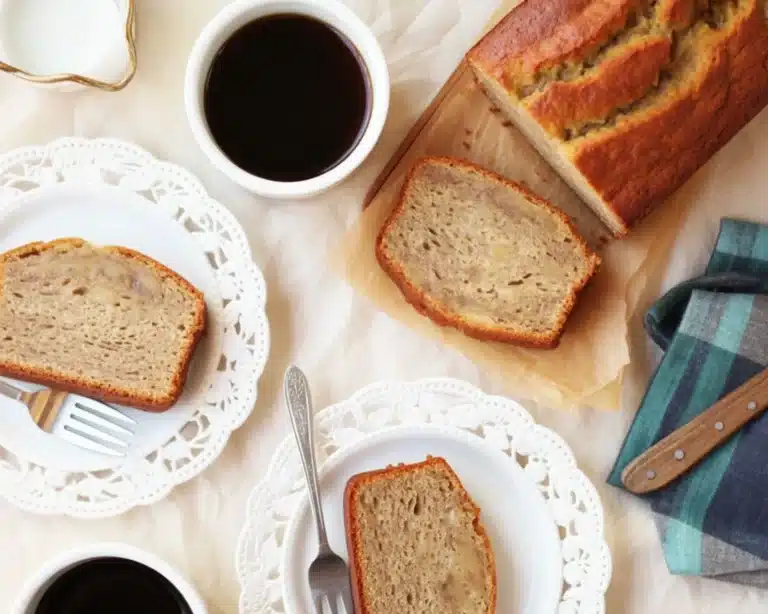 Slice of ultra-moist banana bread on a wooden cutting board surrounded by bananas.