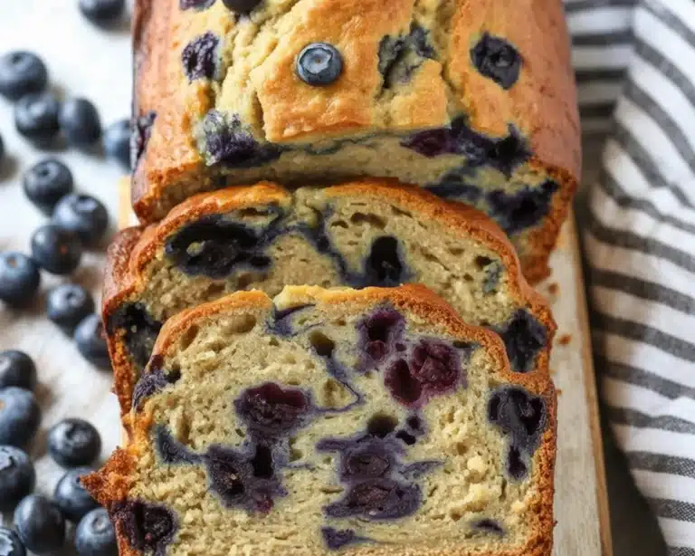 Moist banana bread with fresh blueberries and a vibrant blueberry glaze.