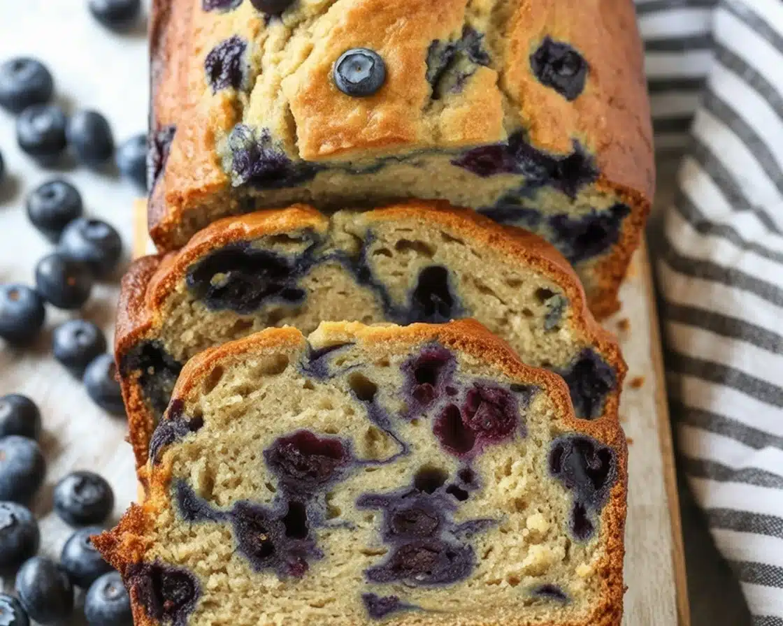 Moist banana bread with fresh blueberries and a vibrant blueberry glaze.