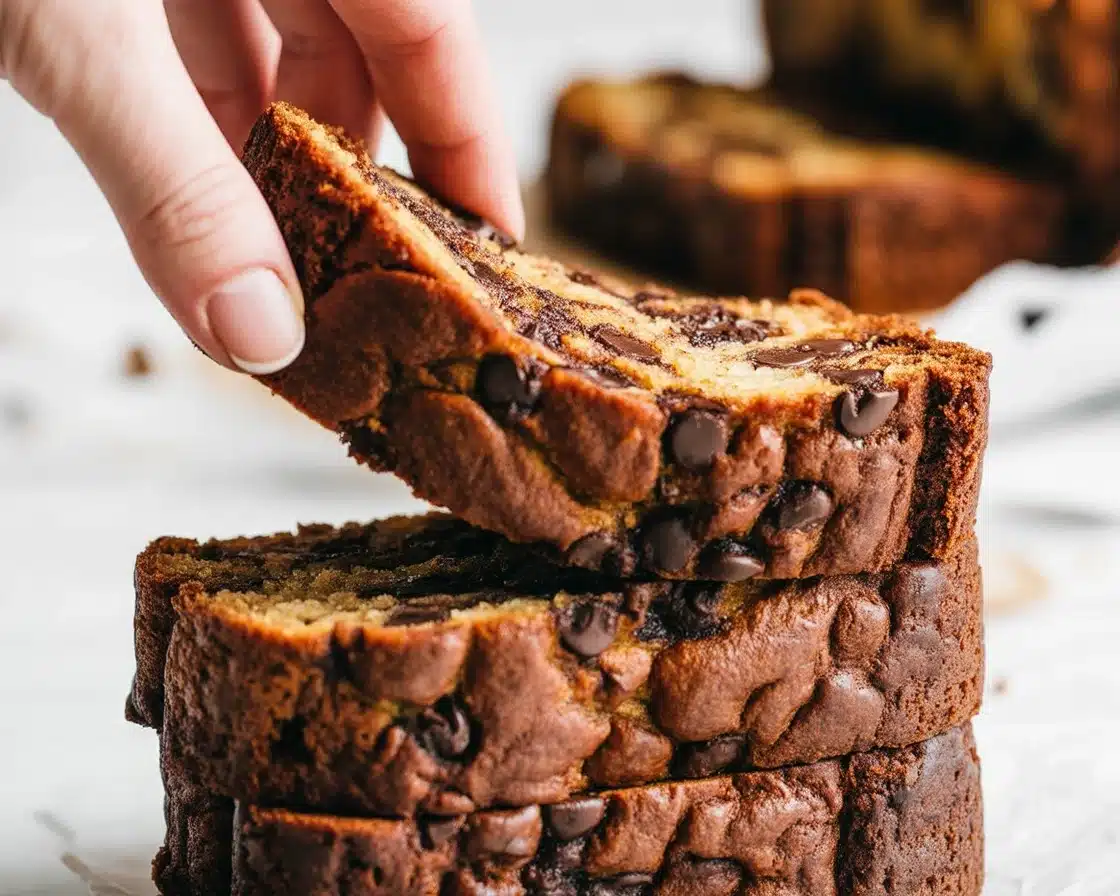 Moist Chocolate Chip Banana Bread with chocolate chips and ripe bananas