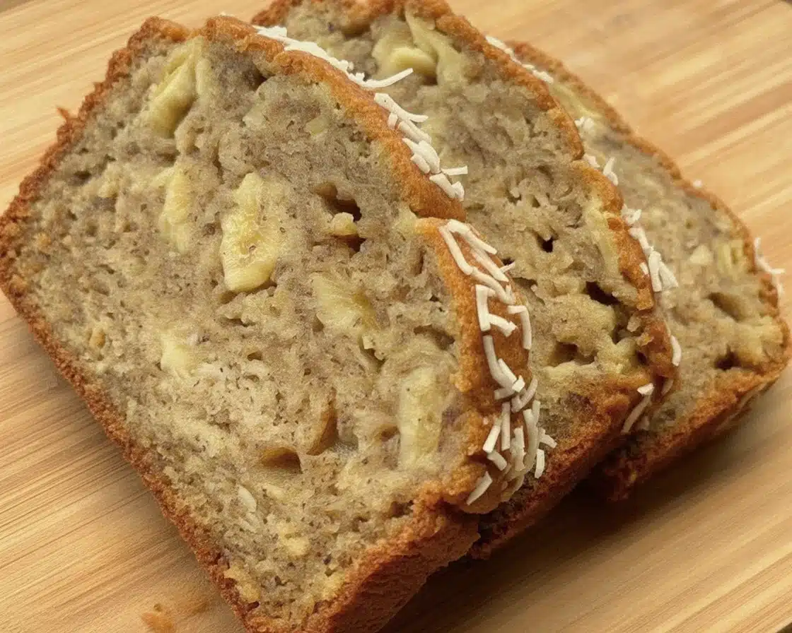 Moist banana bread with coconut flakes and a sweet topping.