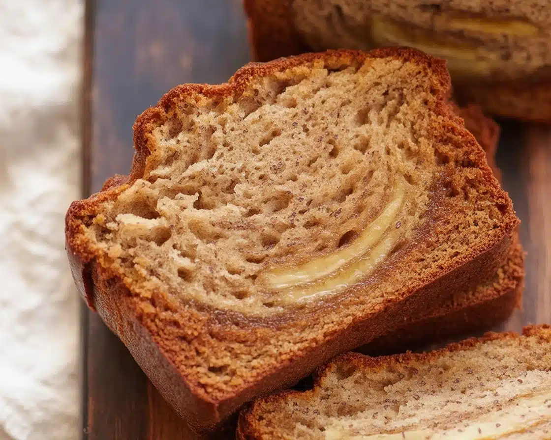 Moist gluten-free banana bread slice showing banana chunks and a fluffy texture