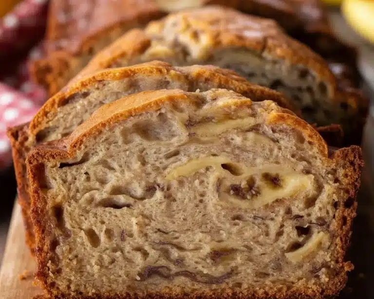 Moist banana bread slice with chocolate chips and a golden crust on a plate.