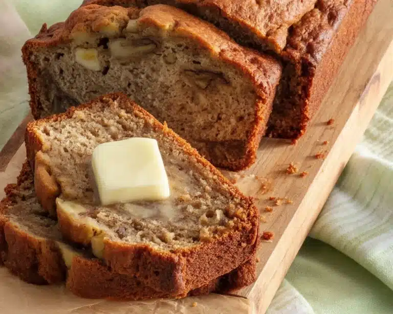 Moist and delicious banana bread made with ripe bananas and brown sugar.