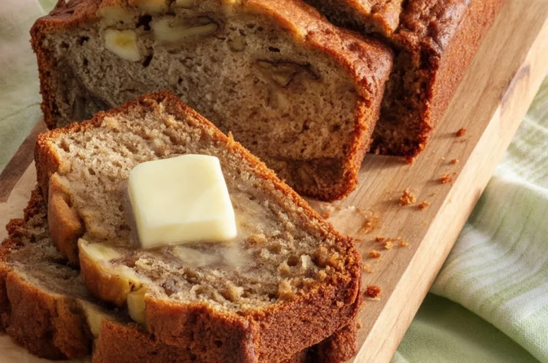 Moist and delicious banana bread made with ripe bananas and brown sugar.