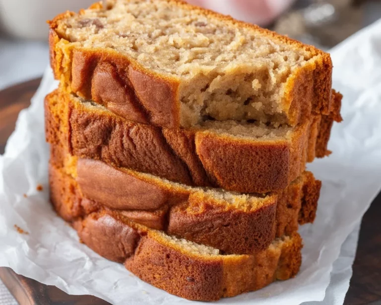 Slice of homemade healthy banana bread with nutritional information about calories.